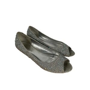 David's Bridal AJUSTINIO Silver Rhinestone Peep Toe Wedge Heels Formal Shoes 8